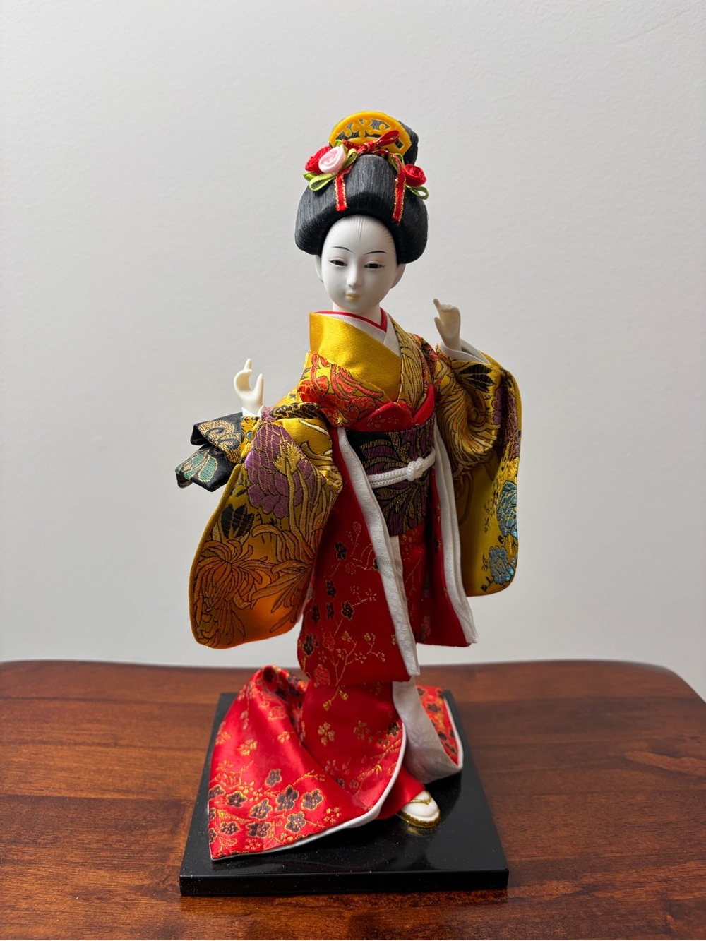 Traditional Japanese Geisha Doll in Red and Gold Kimono